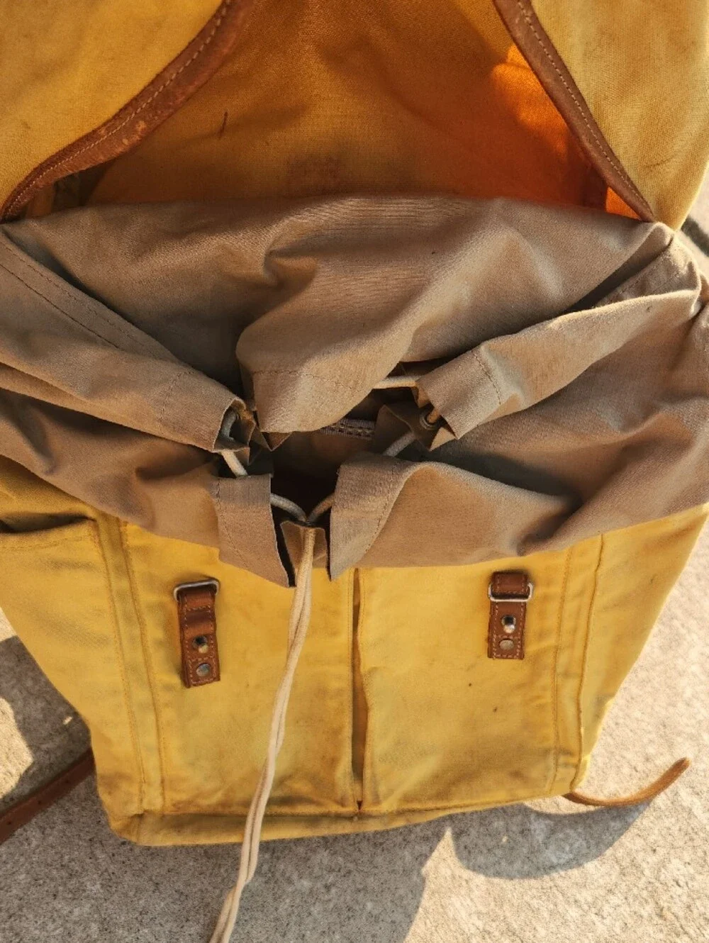 Yellow Canvas Backpack with Brown Leather Trim